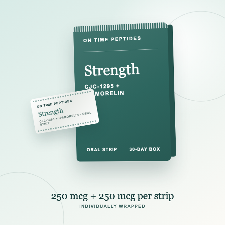 Strength CJC-1295 + Ipamorelin oral dissolving strips with branded box and individual sachet