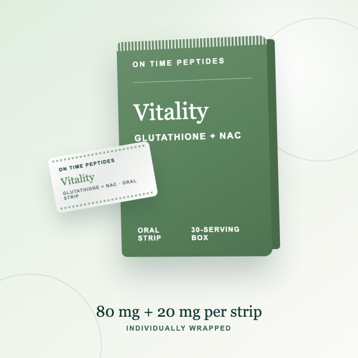 Vitality Glutathione + NAC oral dissolving strips with branded box and individual sachet